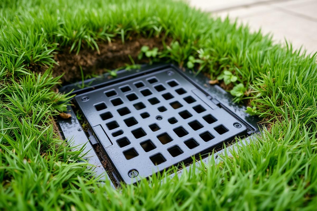 Black plastic catch basin grate installed in a residential lawn