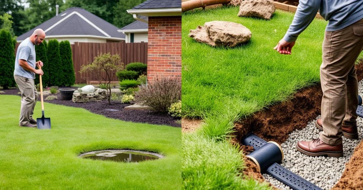 A homeowner surveys a soggy lawn on the left while a contractor installs a French drain with gravel on the right.