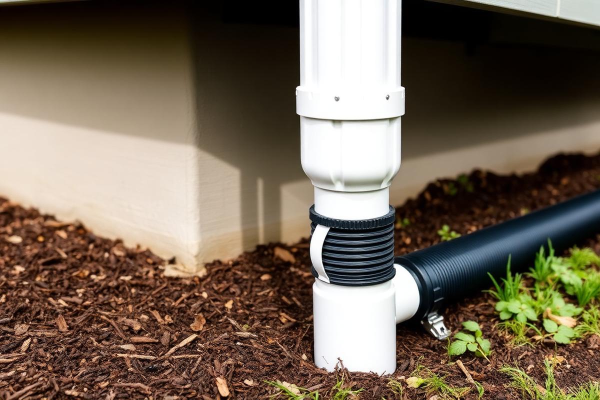 Downspout connected to underground drainage pipe at the base of a house
