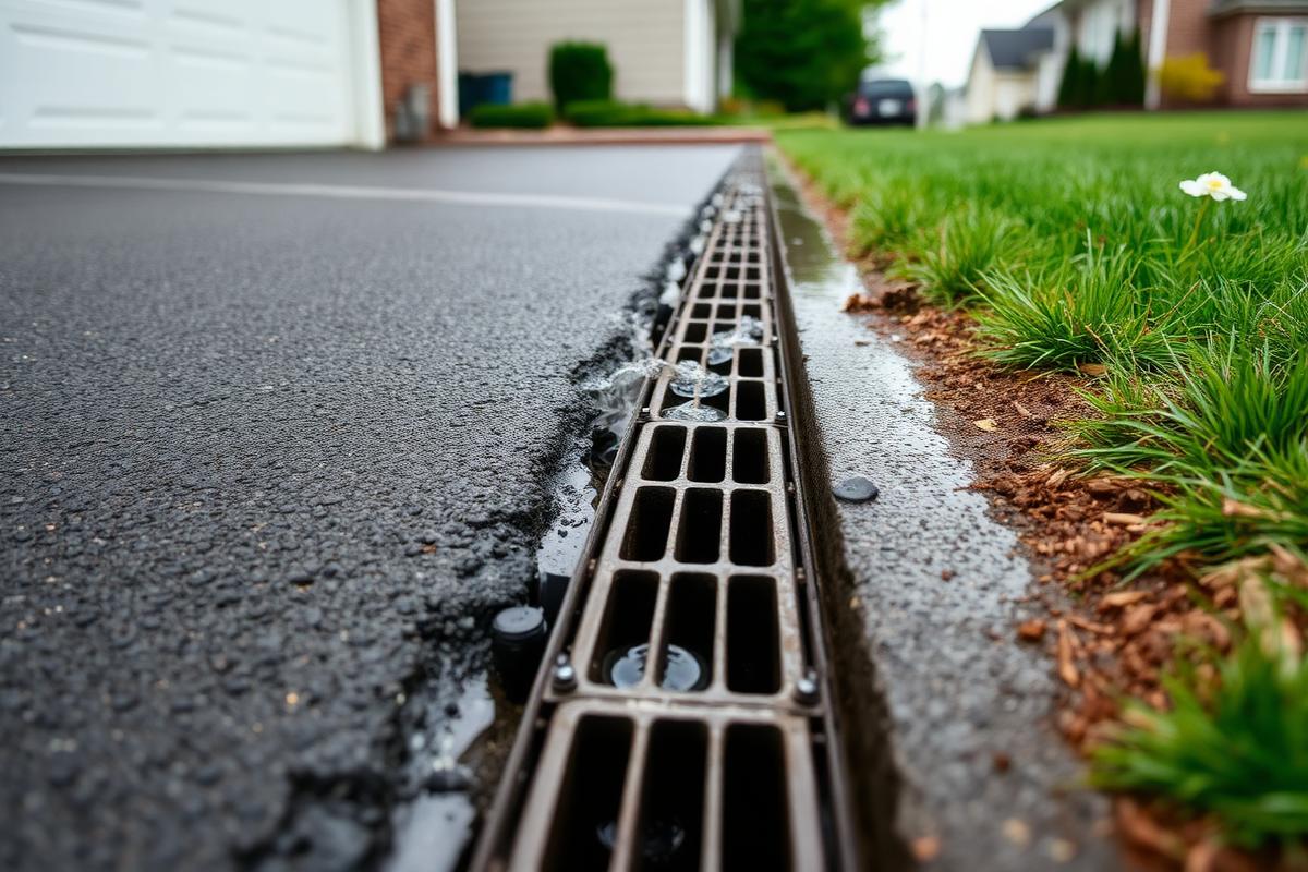 Trench drain with metal grate installed across a residential driveway